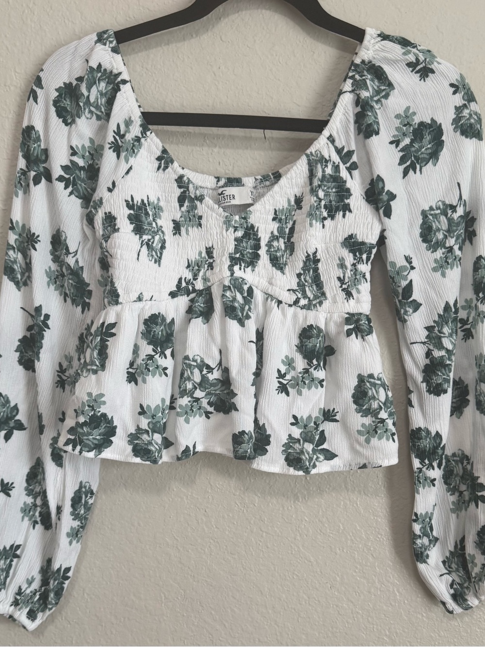 Hollister White Long-Sleeve Peplum Top with Green Floral Print